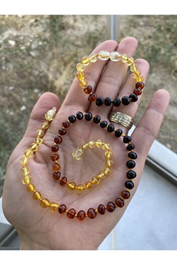 KEHRİBAREVİ KARAMAN Amber Rainbow Model Baby Necklace Bracelet Set