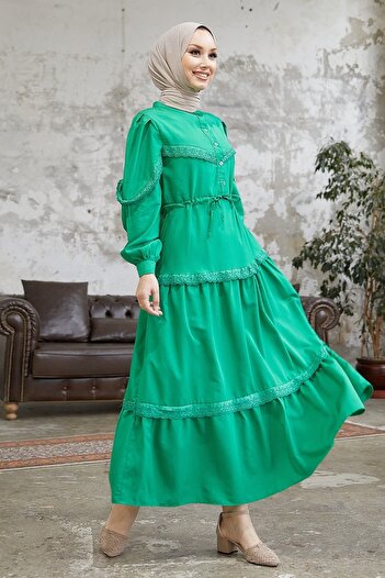 InStyle Guipure Detail Balloon Sleeve Hidzsáb ruha - zöld