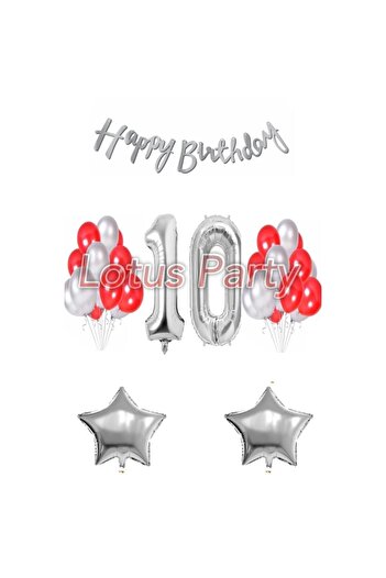 LOTUS PARTY 10 Year Old Birthday Set 1 Number Balloon 20 Pieces Silver Red Balloon 2 Star Balloon Happy Birthday Lettering