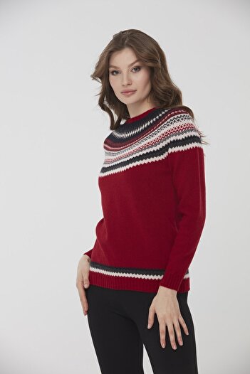 Desen Triko Women's Crew Neck Embroidered Patterned Wool Sweater 0242086 Red