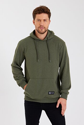 mmetalic Ανδρικό φούτερ από βαμβακερή κουκούλα Khaki Kangaroo Pocket