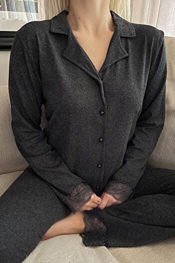 Pijamaevi Siyah Önden Düğmeli Bambu Uzun Kol Pijama Takımı