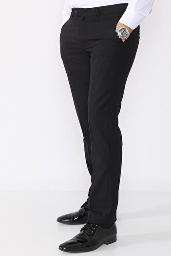 R-Germen Men's Black Slim Fit Chinou Pattern Fabric Trousers