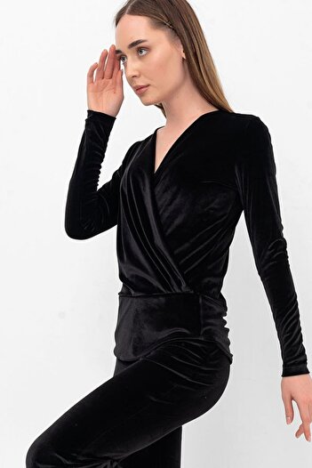 Laranor Black Double-breasted Collar Velvet Blouse
