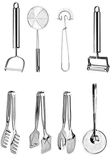 Trouvaille 8 Piece Julienne Peeler, Colander, Beater, Salad, Cake, Pasta Tongs, Frying Colander Dowry Set