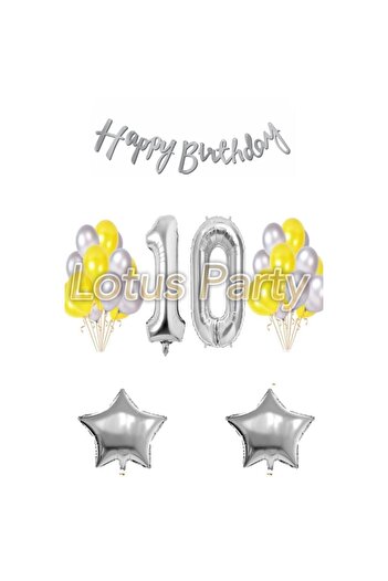 LOTUS PARTY 10 Year Old Birthday Set 1 Number Balloon 20 Pieces Silver And Yellow Balloon 2 Star Balloon Happy Birthday Lettering