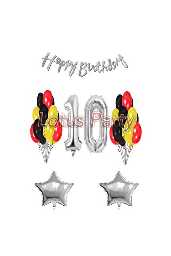 LOTUS PARTY 10 Year Old Birthday Set 1 Number Balloon 20 Pieces Black Yellow Red Balloon 2 Stars Happy Birthday Lettering