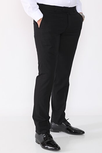 R-Germen Men's Black Slim Fit Chinou Pattern Fabric Trousers
