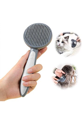 Technojet Gray Pet Cat Dog Automatic Cleaning Buttoned Hair Collector Comb and Grooming Brush