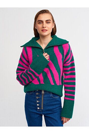 Dilvin 10282 Pullover mit Trucker-Kragen und Reißverschluss, Smaragdgrün, F.