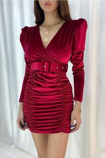 lovebox Women's Velvet Fabric Princess Sleeve Belt Detailed Skirt Gathered Mini Dress 582015