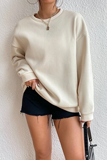 MOONBULL Unisex Bej Brooklyn 1898 Baskılı Bisiklet Yaka Oversize Sweatshirt
