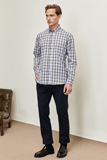 ALTINYILDIZ CLASSICS Men's White Lacquer Comfort Fit Relaxed Cut Button Collar Plaid Patterned Shirt