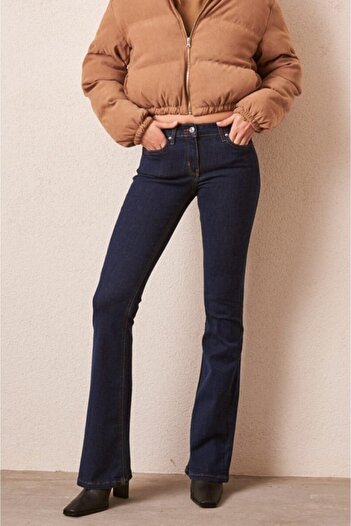 LİMABEL Cazul Spanish Lycra Colorfast Dark Blue Spanish Flare Leg Jean High Waist Denim Trousers