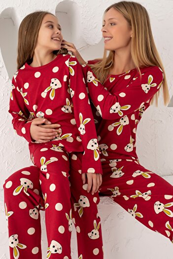 Siyah İnci Burgundy Cotton Pajama Set