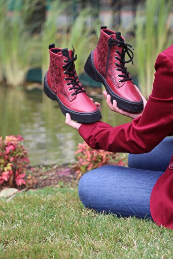 İNZE AYAKKABI Red Genuine Leather Boots - Model Name: Lisbon