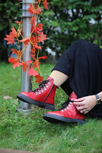 İNZE AYAKKABI Red Genuine Leather Boots - Model Name: Bükreş