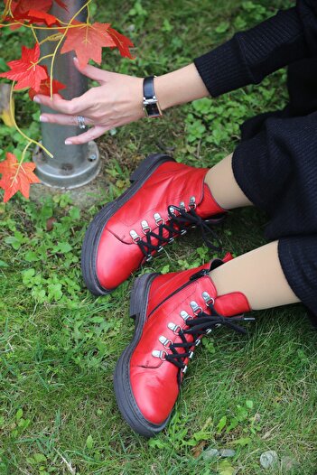 İNZE AYAKKABI Red Genuine Leather Boots - Model Name: Bükreş