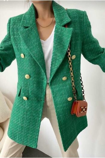 4S WOMEN Women's Green Gold Buttoned Tweed Blazer Jacket