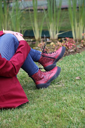 İNZE AYAKKABI Red Genuine Leather Boots - Model Name: Lisbon