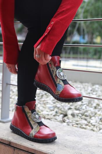 İNZE AYAKKABI Red Color Genuine Leather Boots - Model Name: Munich
