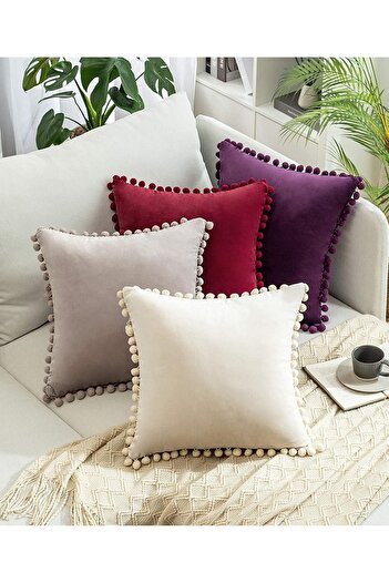 Bc Home Yılbaşı 4 Adet Ponponlu Kırlent Kılıfı Seti 4 Adet 43 X 43 Cm Kırmızı , Çam Yeşili