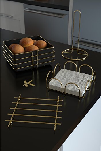 KARTEYA Stainless Gold Service Presentation Set Bread Holder Bread Basket Kitchen Towel Holder Napkin Holder Trivet 4 Pieces