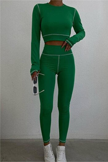 lovebox Women's Karyoka Stitched Green Crop Tights Set 1264