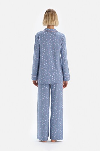 Dagi Blue Shirt Collar Pijama Top Floral Patterned Pajama Set