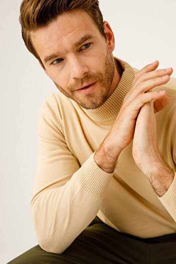 İgs Men's Beige Standard Half Fisherman Knitwear