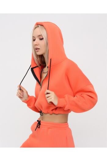 TRENDHİLL Hooded Crop Sweatshirt - Half Zipper 5502t