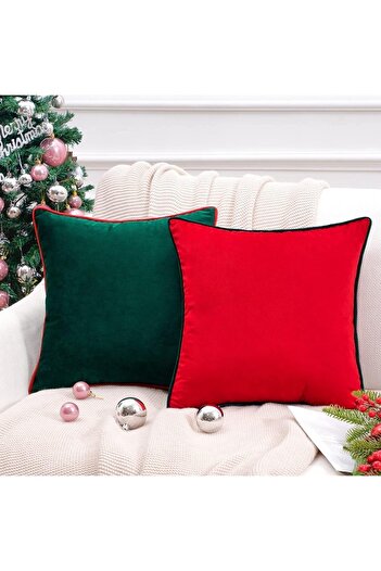 Bc Home 2'li Kenar Biyeli Kırmızı, Yeşil Kırlent Kılıfı, Kadife Görünümlü 2 Adet 43 X 43 Cm