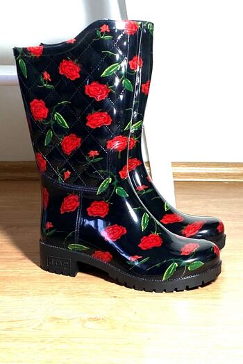 ARISAN Women's Black Long Floral Rain Boots