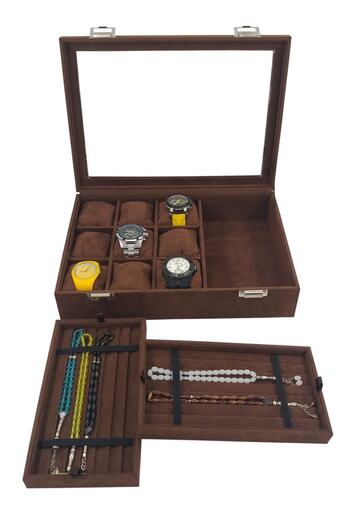 STAND MARKET Clock and Rosary Box with 9 Rosary Compartments Alcantara Brown