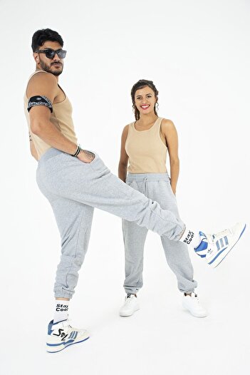 HABBE UNİSEX Sirius Collection - Unisex Eşofman Altı 3 Iplik Şardonsuz Paça Lastikli Gri