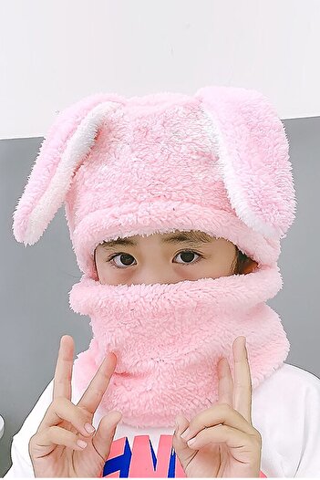 Leiste Rabbit Figured Children's Hooded Plush Beanie Scarf Neck Collar Windproof Eared Hat