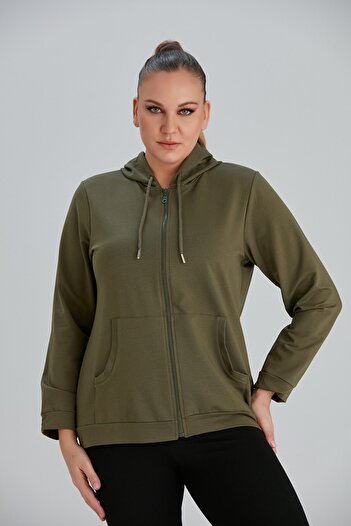 RMG Large Size Khaki Tracksuit Top with Zipper Detail