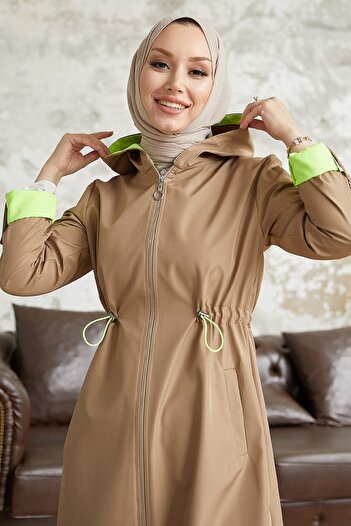 InStyle Neon Trench with Drawstring Waist Hooded - Beige \ Green