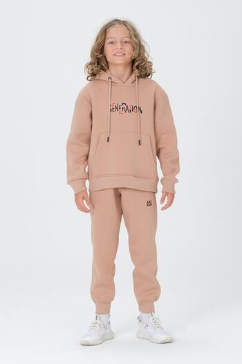 Black One Boy's Raised 3 Thread Fabric Hooded Pocket Print Detailed Double Pocket Bottom Top Tracksuit Set
