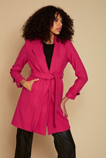 Select Moda Kadın Pembe Kuşaklı Astarlı Kaşe Kaban
