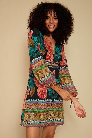 Select Moda Women's Colorful Colorful V-Neck Balloon Sleeve Dress