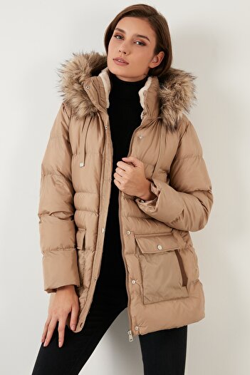 Lela Regular Fit Faux Fur Collar Hooded Coat with Pockets