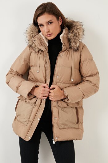 Lela Regular Fit Faux Fur Collar Hooded Coat with Pockets