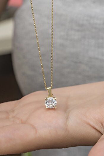 Nereze 925 Ayar Gümüş Gold Tektaş Tasarım Kolye