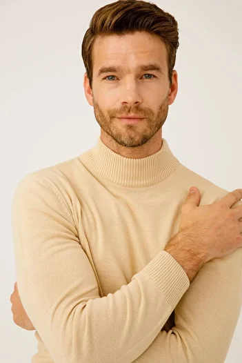 İgs Men's Beige Standard Half Fisherman Knitwear