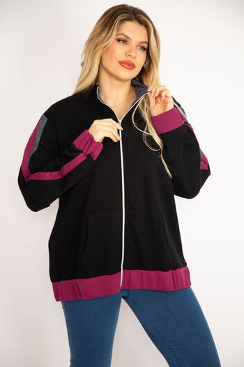 Şans Women's Large Size Black Front Zipper Kangaroo Pocket Sweatshirt Coat 65n35046