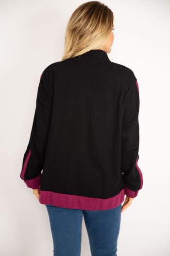 Şans Women's Large Size Black Front Zipper Kangaroo Pocket Sweatshirt Coat 65n35046