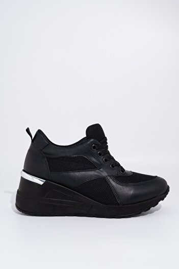 Modabuymus Black Mesh Wedge Heeled Sneaker Lace-Up Sports Shoes - Pily