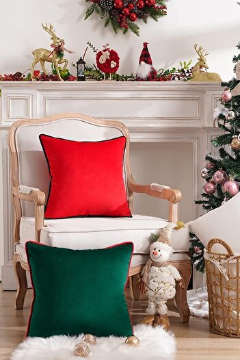 Bc Home 2'li Kenar Biyeli Kırmızı, Yeşil Kırlent Kılıfı, Kadife Görünümlü 2 Adet 43 X 43 Cm