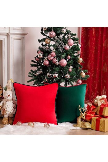 Bc Home 2'li Kenar Biyeli Kırmızı, Yeşil Kırlent Kılıfı, Kadife Görünümlü 2 Adet 43 X 43 Cm
